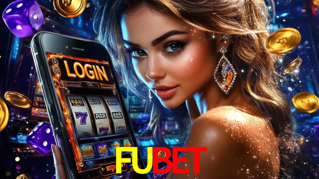 Mulher glamorosa segurando um smartphone com a tela de login para os jogos de caça-níqueis do cassino online FUBET, com moedas de ouro e dados ao redor.