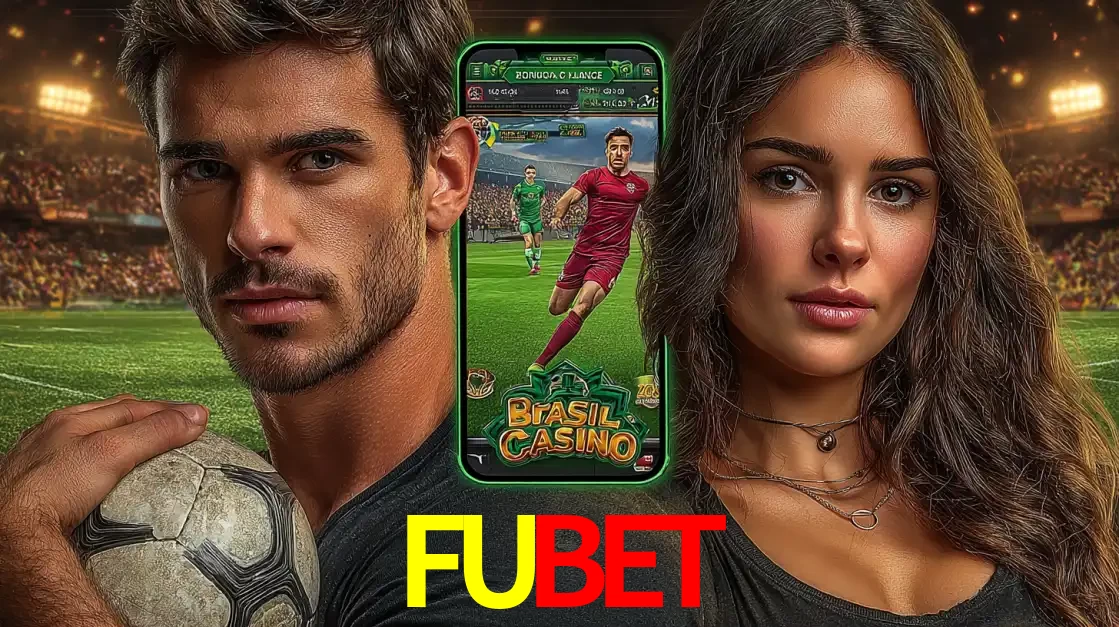 Homem segurando uma bola de futebol e uma mulher ao lado de um smartphone exibindo o jogo de apostas esportivas da FUBET. Faça seu palpite no cassino online.
